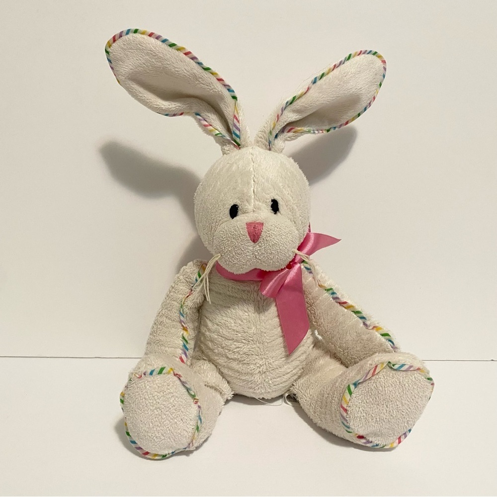 Ganz Plush Bunny Rabbit Phoebe White Floppy Ears Rainbow Ribbon 10" Sitting Toy